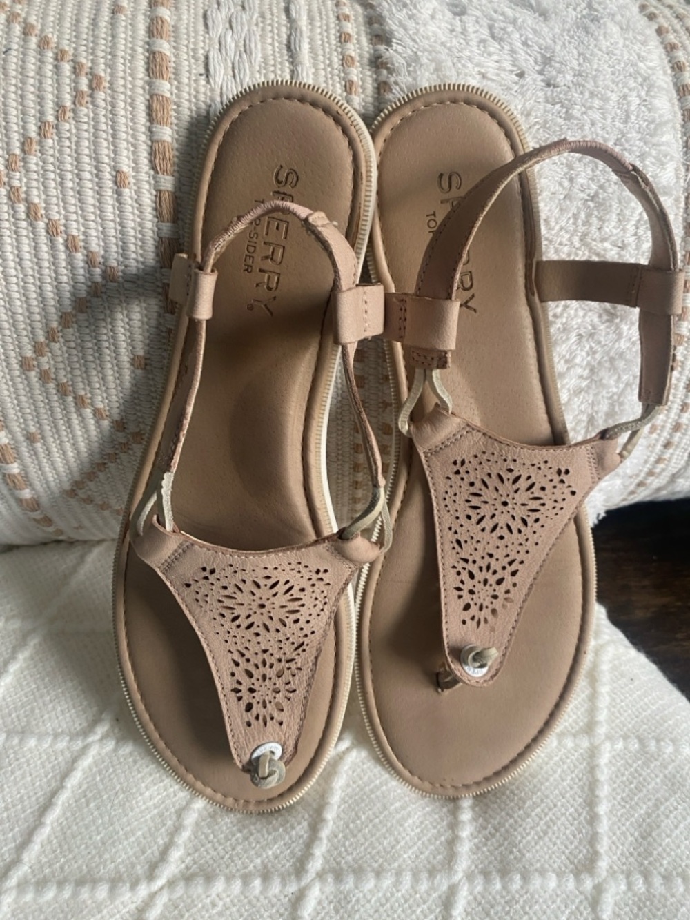 Sperry Top Slider Calla Jade in Tan Laser-Cut Thong Sandals - Picture 2 of 8